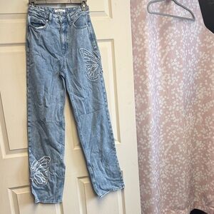 PacSun Light Blue Straight Leg Jeans with Butterfly Detail